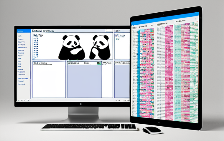 Pandas - The Data Architect**
A clean, futuristic data processing machine (representing the Pandas DataFrame) is at the center, transforming chaotic, raw data streams into perfectly structured and organized tabular data. On one side, disarrayed numbers, fragmented text, and missing values flow in like a tangled mess. On the other, vibrant, logically segmented tables emerge, clean and ready for analysis, conveying the ease of data cleaning and manipulation. The style should be minimalist, highlighting efficiency and order.
**