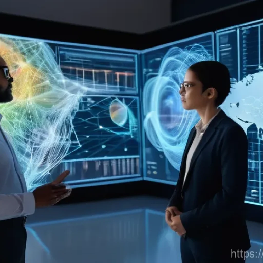 통계분석가를 위한 학술 세미나 일정 - **Prompt:** "A futuristic, vibrant, and clean scene depicting a diverse team of data scientists and ...