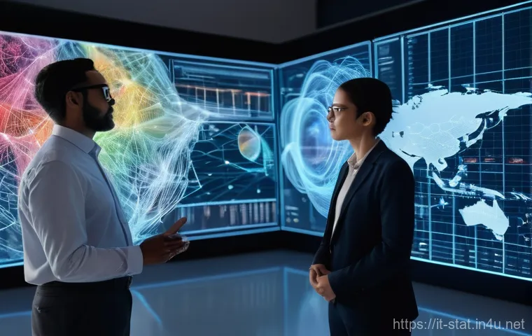 통계분석가를 위한 학술 세미나 일정 - **Prompt:** "A futuristic, vibrant, and clean scene depicting a diverse team of data scientists and ...