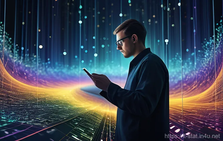 통계분석 Python 라이브러리 추천 - A futuristic data scientist, dressed in sleek, professional tech-wear, standing in a dimly lit, high...