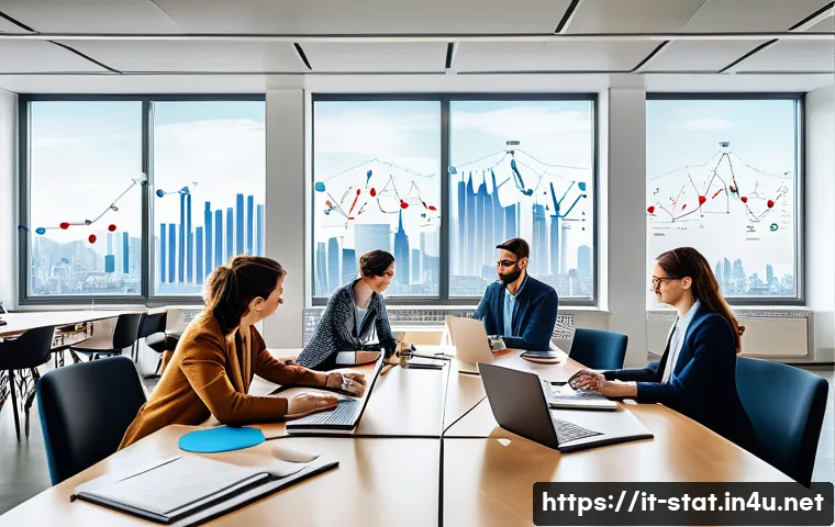 통계분석 프로젝트 사례 공유 - A modern Italian office environment with a diverse team of data analysts and statisticians collabora...