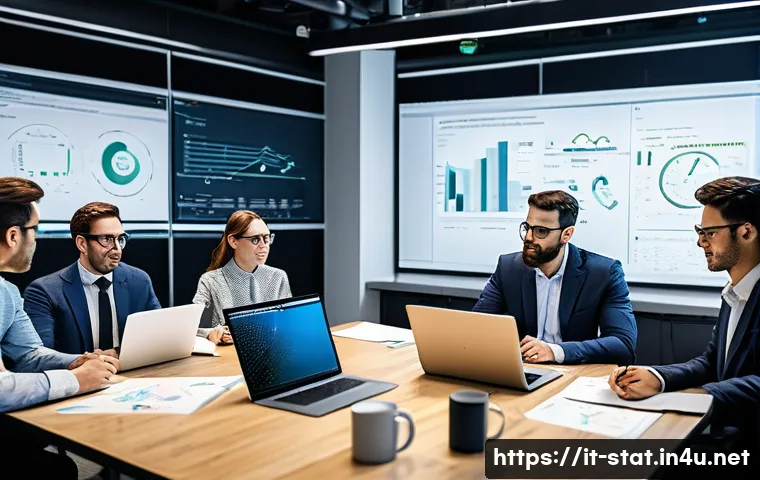 통계분석가로 성공하기 위한 조언 - A modern office environment featuring a diverse group of professional data analysts collaborating ar...