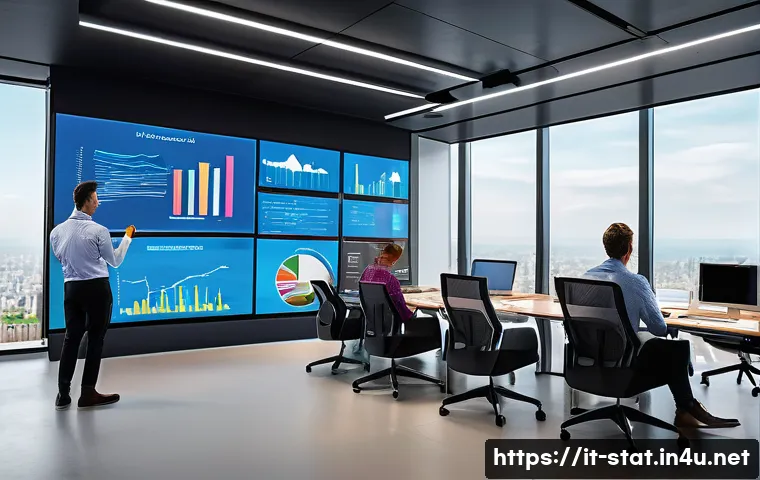 통계분석과 데이터베이스 관리 - A modern office environment with a diverse team of professionals collaborating around a large digita...
