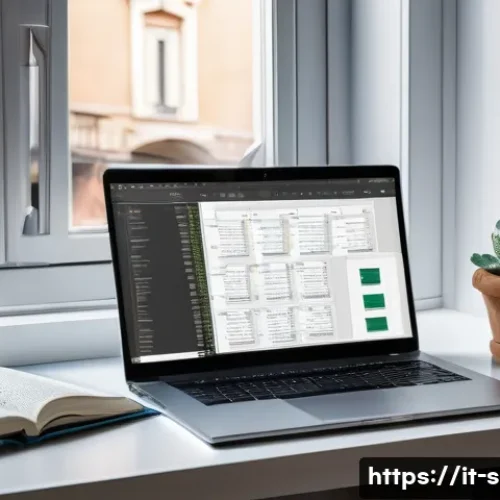 통계분석 R 프로그래밍 활용법 - A modern Italian home office setup with a sleek laptop displaying RStudio&rsquo;s interface on the screen,...