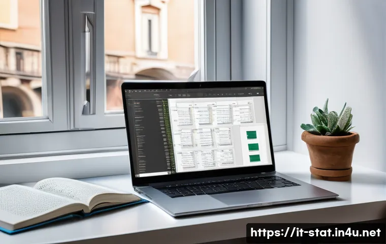 통계분석 R 프로그래밍 활용법 - A modern Italian home office setup with a sleek laptop displaying RStudio&rsquo;s interface on the screen,...