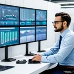 통계분석 직군의 산업별 차이점 - A modern Italian manufacturing plant control room featuring a professional data analyst monitoring m...
