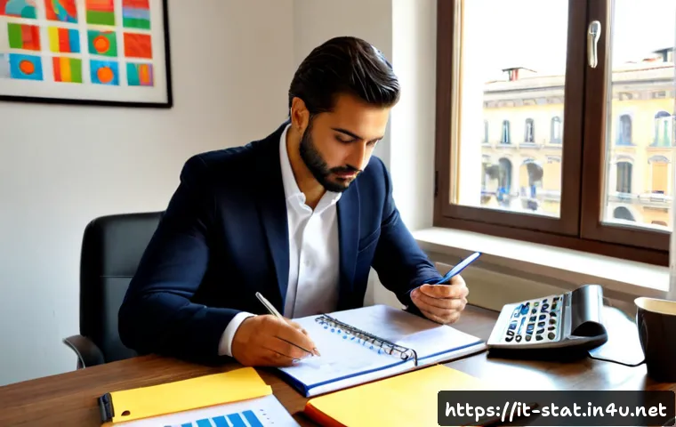 통계분석 취업 준비 체크리스트 - Photorealistic Italian job seeker preparing for a statistical analysis career, seated at a clean hom...